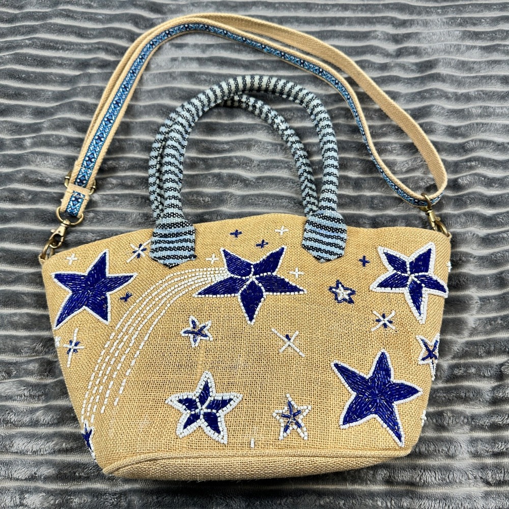 America & Beyond Beaded Star Jute Tote Bag Blue White Crossbody Handbag